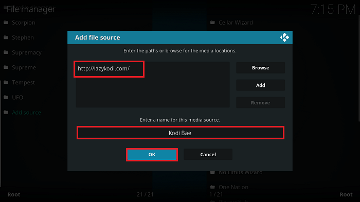 Enter Media Source Name as Kodi Bae