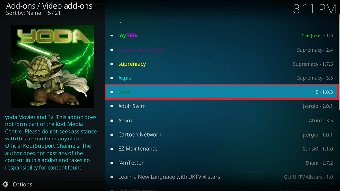 Select Yoda Kodi Addon