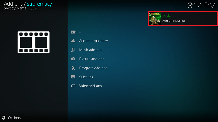 Yoda Kodi Addon Installed