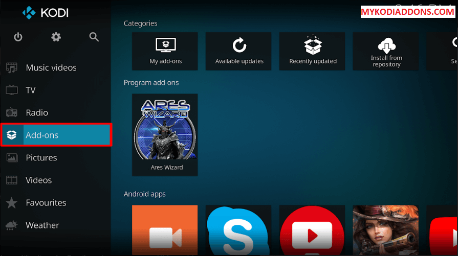 Choose Addons from Kodi Home Screen