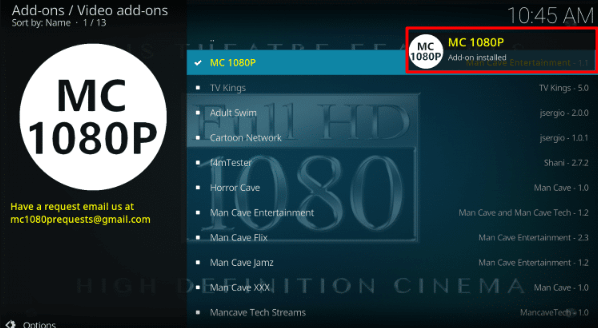 MC 1080P Addon Installed