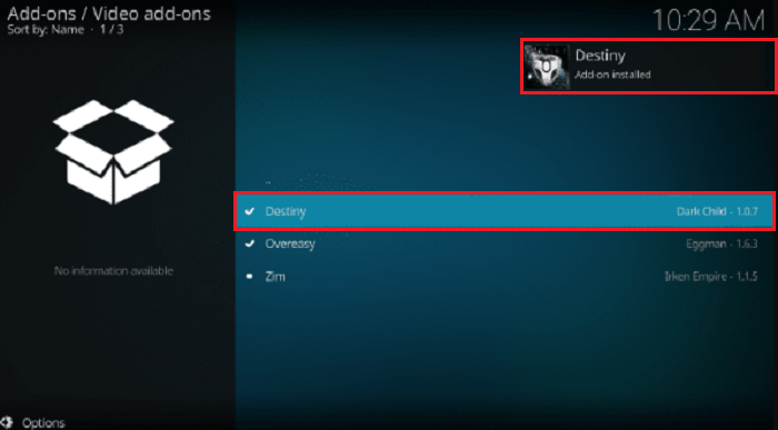 Destiny Kodi Addon Installed