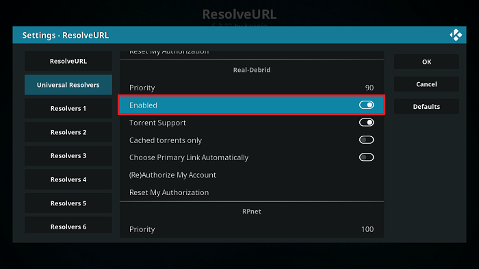 Real Debrid ResolveURL Enabled