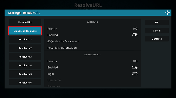 välj universal resolvers under resolveurl