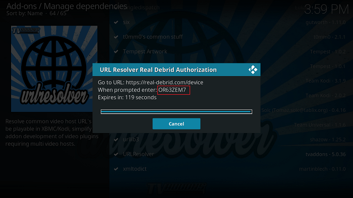 URLResolver real Debrid Authorization Code